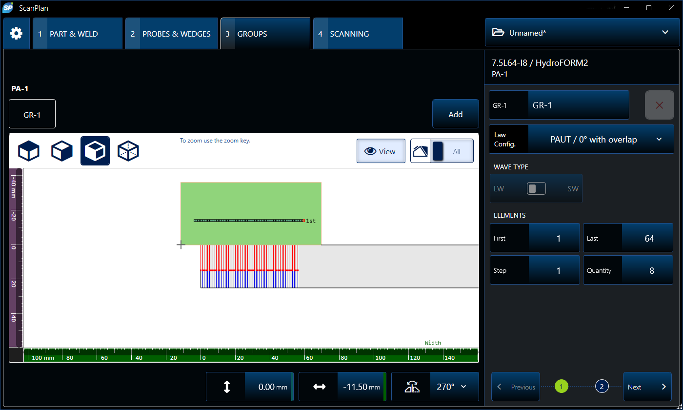 Software ScanPlan: Pestaña Grupos con el gráfico que muestra los haces de una sonda emitiéndose en una pieza 