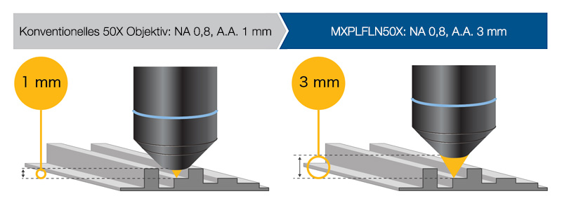 Konventionelles Objektiv mit 1 mm Arbeitsabstand / MXPLFN20X Objektiv (NA 0,6) mit 3 mm Arbeitsabstand