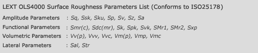 LEXT OLS4000 Areal Surface Roughness Parameters List (Conforms to ISO25178 Draft)
