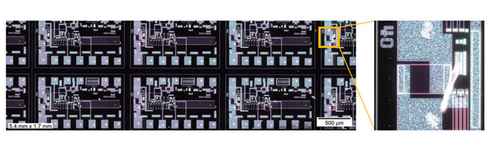 Image MIA nette à contraste élevée d’un motif de circuit intégré (observation en fond noir avec objectif 20X)