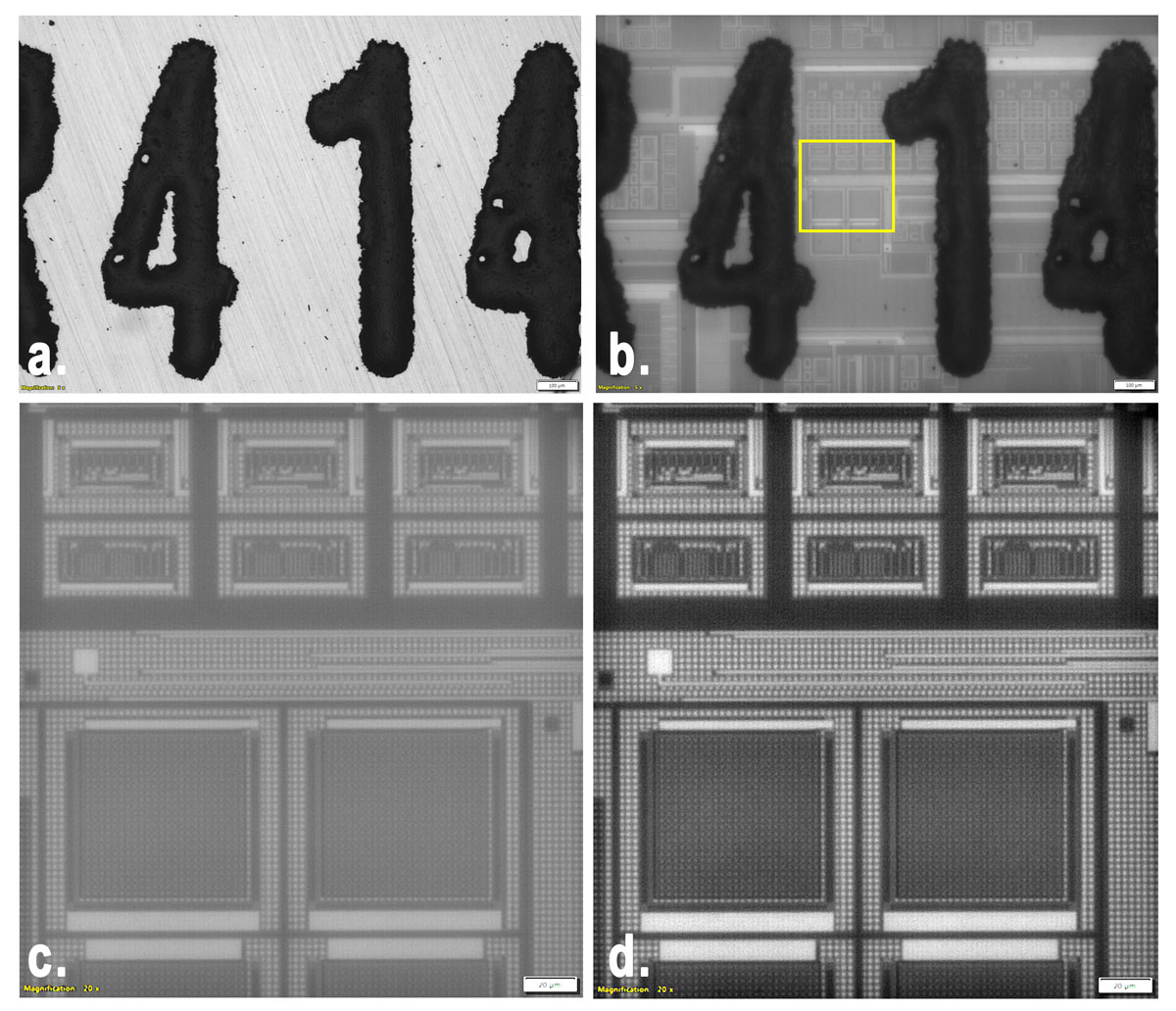 a.) Imagen de campo claro en 5x b.) Imagen IR en 5x (filtro de BP1100 nm) c.) Detalles recortados en 20x bajo IR d.) Detalles recortados en 20x bajo IR con filtro DCE.