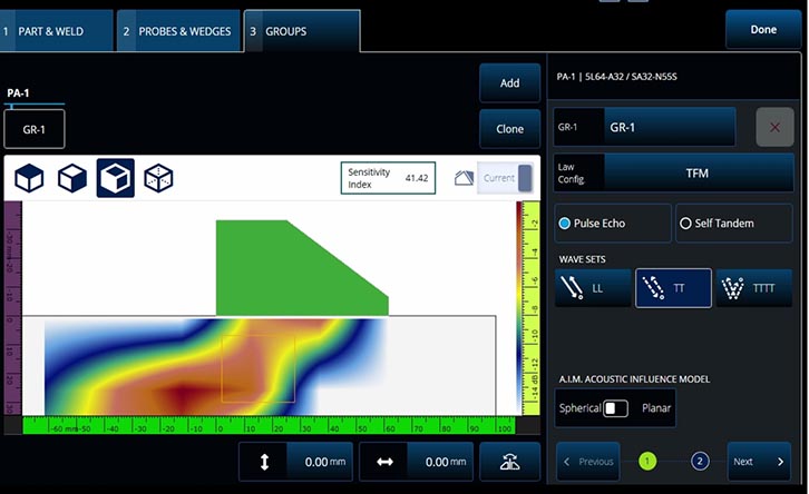 OmniScan X3的扫查计划在TFM（全聚焦方式）模式下显示声学影响图（AIM）