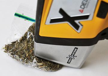 Analyseur XRF à main DELTA utilisé pour tester un sac de marijuana