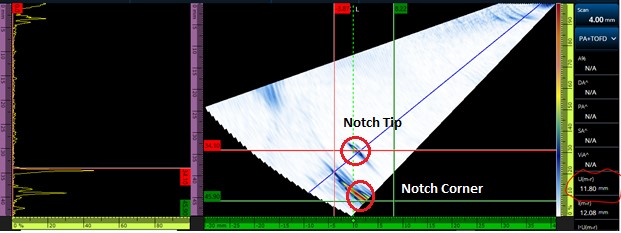 ノッチ先端と縁の反射を示す、OmniScan X3探傷器のフェーズドアレイS-スキャンデータ表示