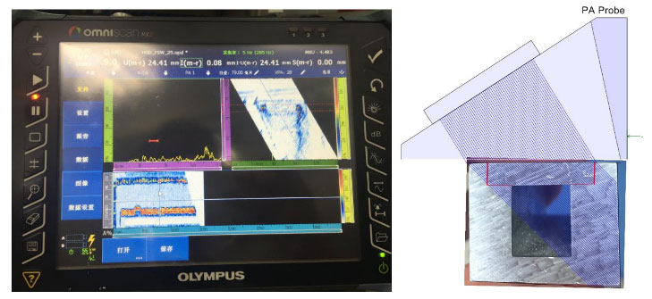 OmniScan MX2 Phased-Array-Prüfgerät zur Prüfung von Rührreibschweißnähten in einer Wasserkühlplatte, die für den Wärmeaustausch mit Flüssigkeiten verwendet wird