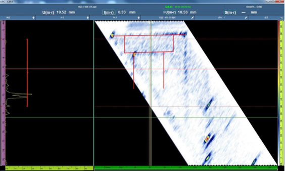OmniScan MX2超音波フェーズドアレイ探傷器によって示された摩擦攪拌接合のスキャン画像