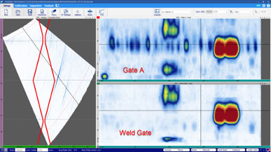 WeldSight software’s weld gate applied to OmniScan X3 odat acquisition files showing a zoomed in image of a flaw in a weld 