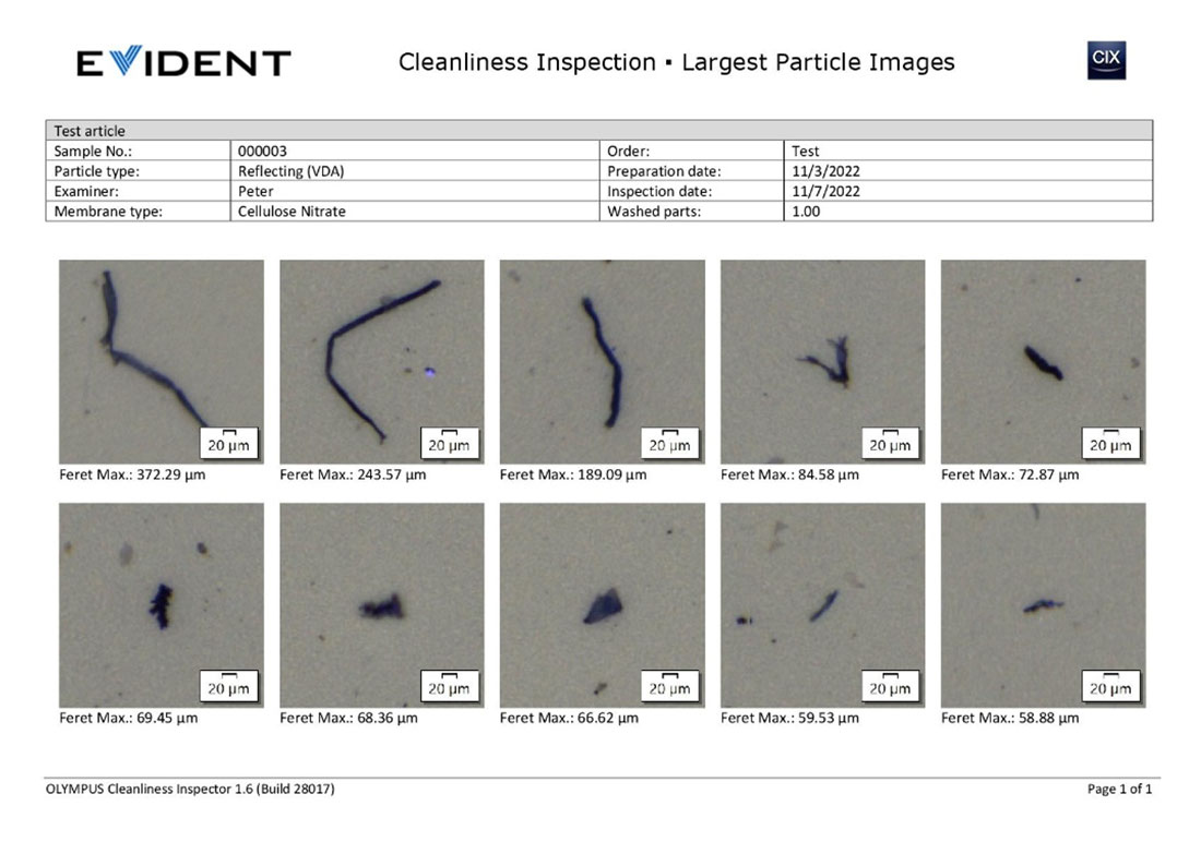 Protokol kontroly technické čistoty zobrazující mikroskopové snímky částic a vláken