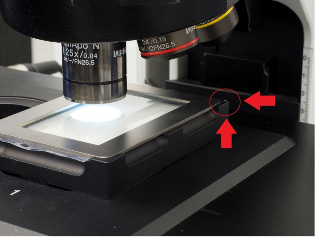 Vložení držáku se vzorkem na pásce do mikroskopu pro analýzu částic
