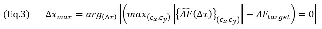 (Eq.3) Δx_max=〖arg〗_((Δx) ) |(max_((ϵ_x,ϵ_y ) ) |{(AF) ̂(Δx)}_((ϵ_x,ϵ_y ) ) |-〖AF〗_target )=0|
