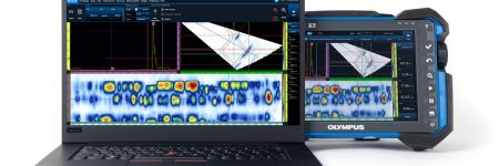 OmniScan X3フェーズドアレイ探傷器と、OmniPC NDTデータ解析ソフトウェアのバージョン5がインストールされたラップトップ