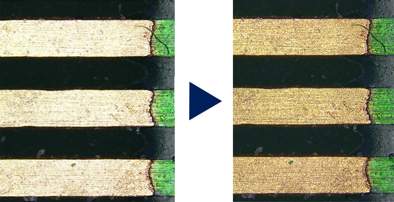 A pair of images captured with the DP75 digital microscope camera showing how the camera's high dynamic range shows bright and dark areas of the sample at the same time.