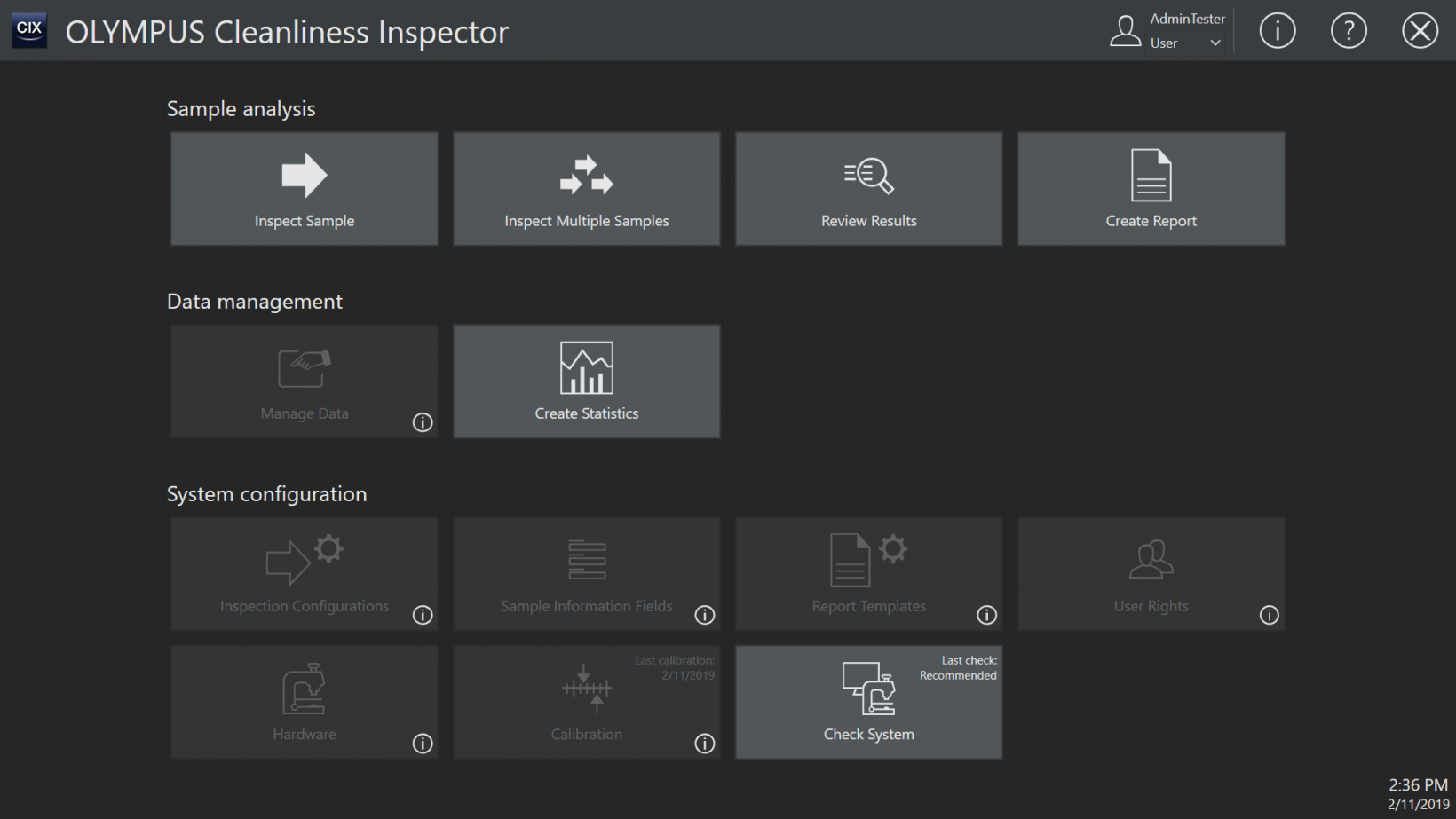 Cleanliness inspection system user interface