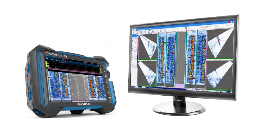 OmniScan X3 phased array flaw detector and WeldSight advanced analysis software on a computer screen