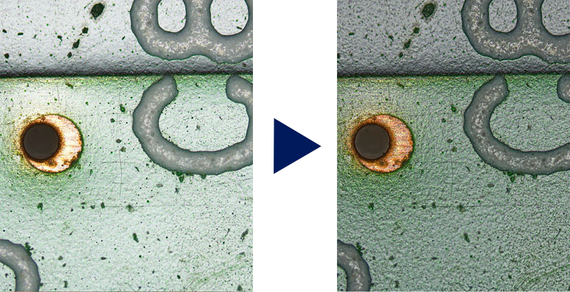 Duas imagens capturadas com a câmera digital para microscópio DP75 mostrando como a alta variação dinâmica da câmera melhora o contraste das imagens.